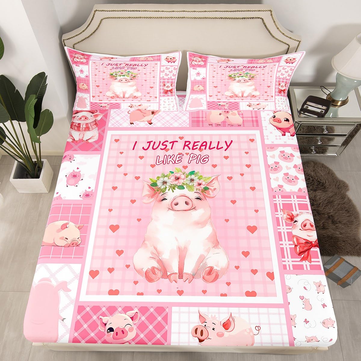 Manfei Cute Pig Kids Fitted Sheet Single Size, Cartoon Animal Theme Bed Cover, Pink Lattice Patchwork Bedding Set for Girls Adult Bedroom Decor, Lightweight Bedding, 1 Pillowcase