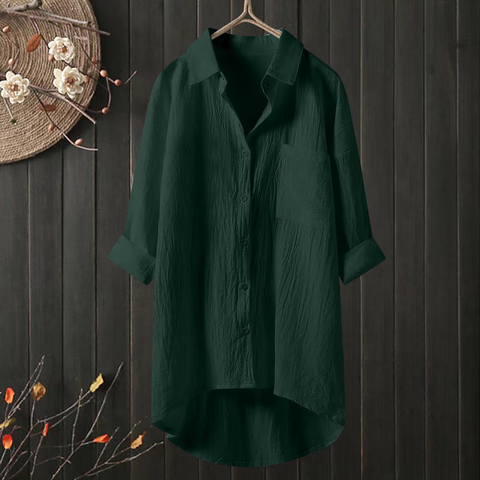 Yowablo musselin Bluse Damen Oversized Bluse Damen Sommer Baumwolle leinenhemd Farbe Grün-2 Größe M