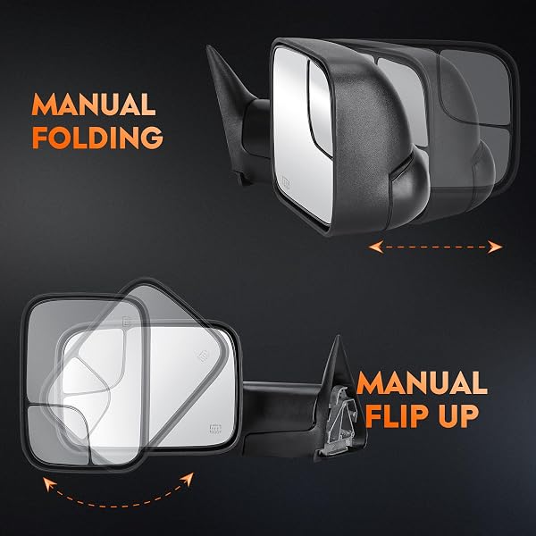YOUXMOTO TOWING MIRRORS FIT FOR DODGE RAM 1500 1998 1999 2001; FIT FOR DODGE RAM 2500/3500 1998-2002 PICKUP TRUCK MIRRORS, HEATED, MANUAL FOLDING & FLIP UP; LEFT+RIGHT SIDE MIRRORS; BLACK