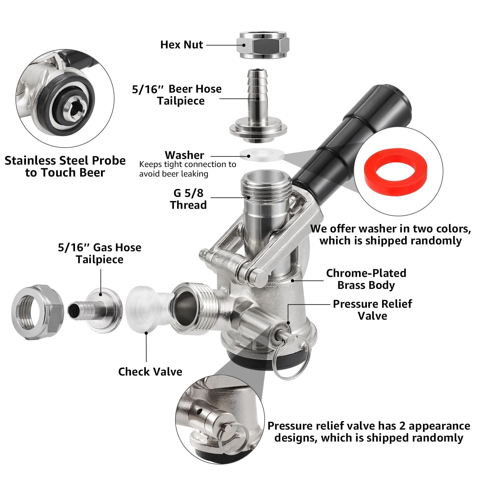 MRbrew Keg Coupler, Sankey D System Keg Tap 304 Stainless Steel Probe, Beer Coupler Kegerator Parts D Coupler Beer Tap Dispenser for I.D 5/16'' Beer Line Gas Tubing with Hose Clamp
