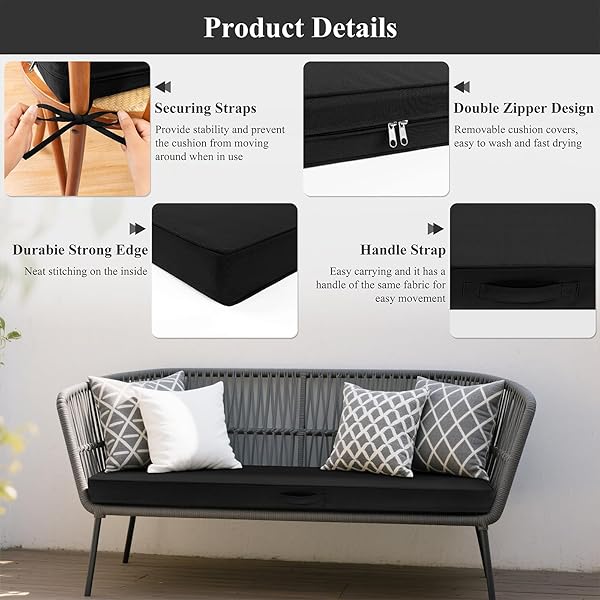 SHACOS OUTDOOR BENCH CUSHION WATERPROOF FADE RESISTANT PATIO FURNITURE CUSHIONS WITH HANDLE FOR SOFA AND CHAIR (BLACK, 48 X 18 X 3.2 IN)