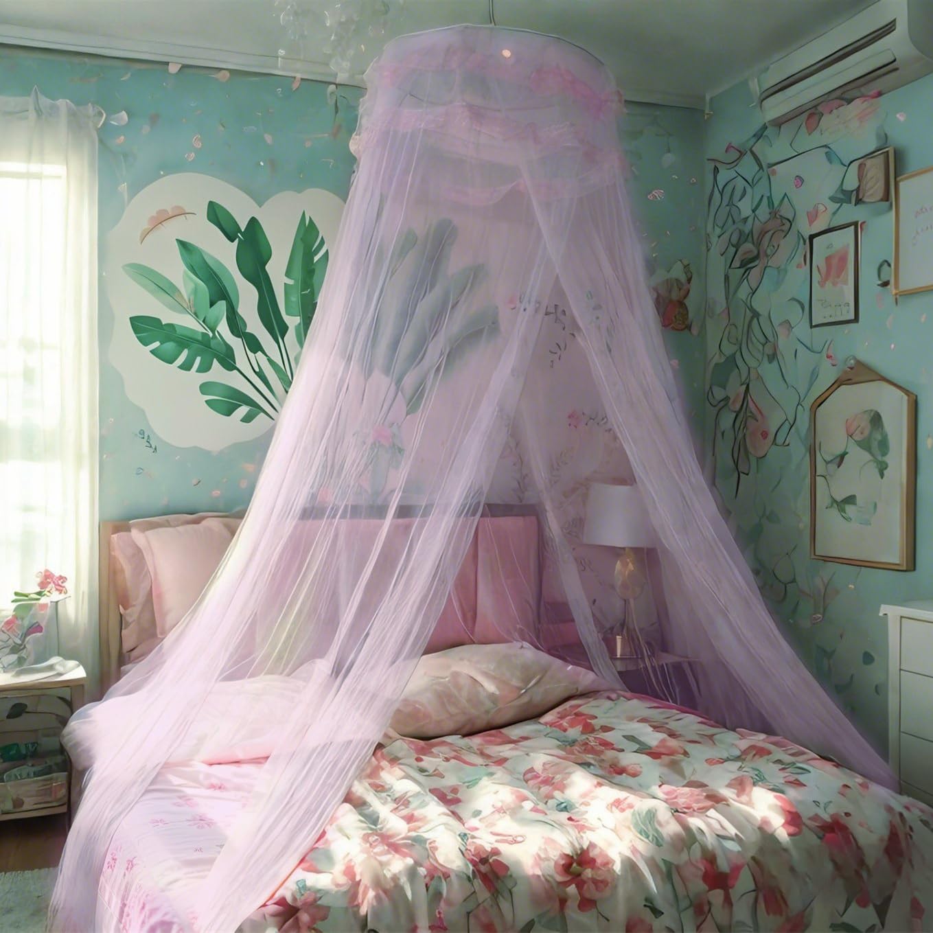 Eimilaly Lace Bed Canopy Mosquito Netting, Princess Bed Canopy for Girls Room Decor, Purple/Single Door
