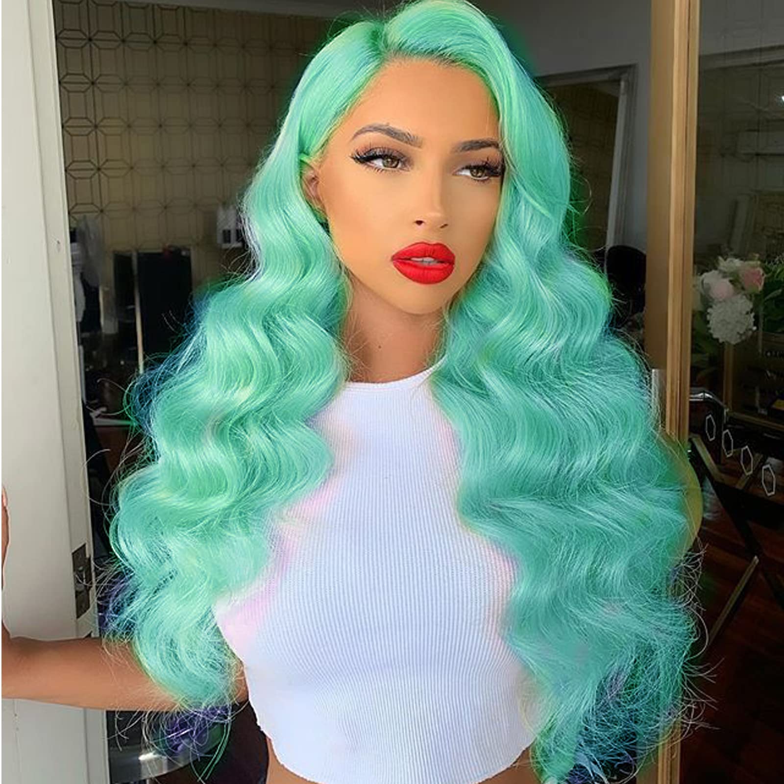 Mermaid Green Blue Soft Wigs for Women Long Waves Mix Color Syntehtic Lace Front Wig Glueless Raalistic Hairline Heat Resistant Fiber Hair Replacement Wig 24 Inch