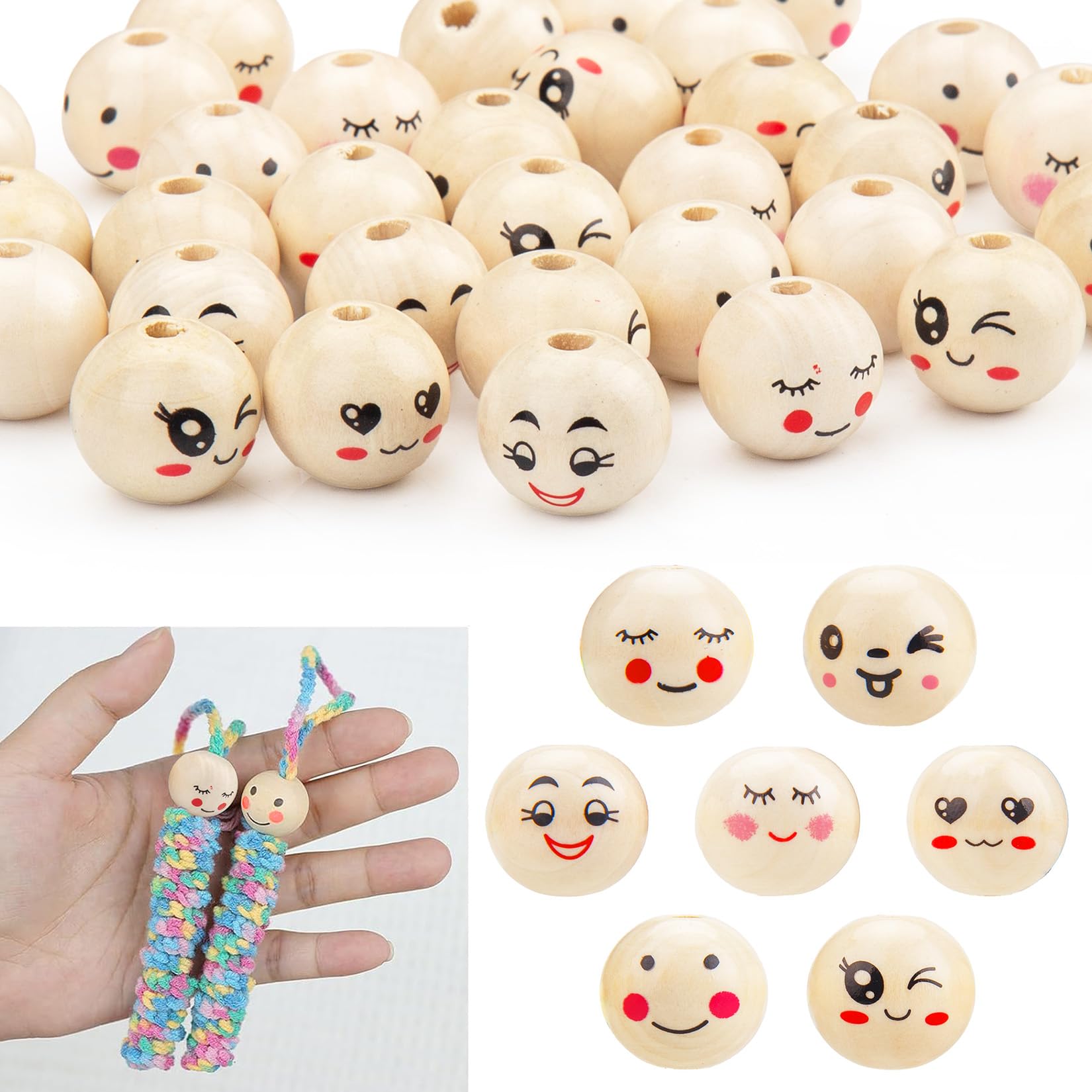zrfgbxim 140 Pcs Smile Face Wooden Beads for Crafting, 20mm Natural Round Macrame Emoji Wood Beads with Faces, 7 Styles, for DIY Craft Bracelet Necklace Jewelry