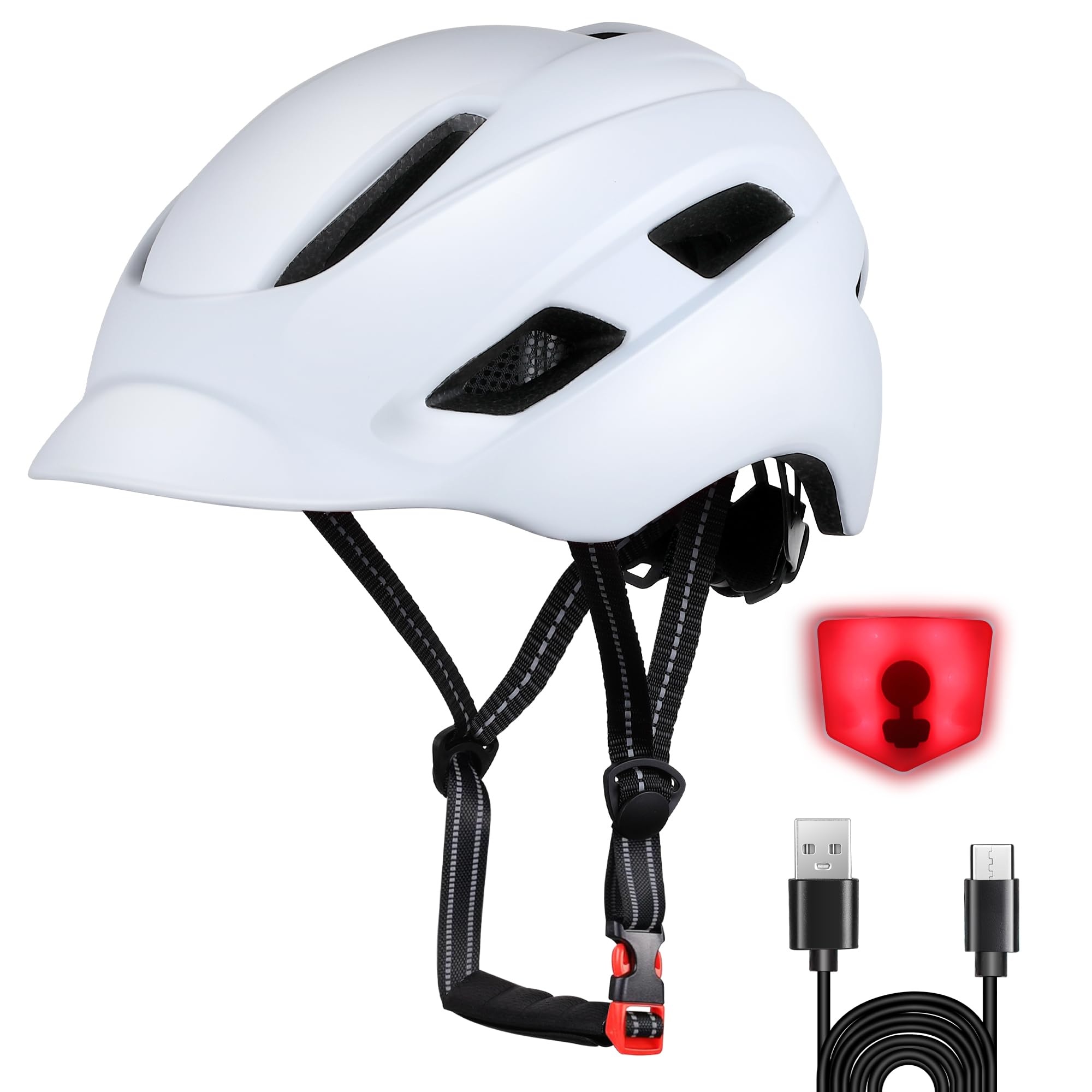 Bike Helmet, Adjustable Cycling Helmet with USB Rechargeable LED Light, Lightweight Bicycle Helmets for Adults, Breathable Mountain & Road Cycle Helmet for Men Women Fit Head Size 58-62cm