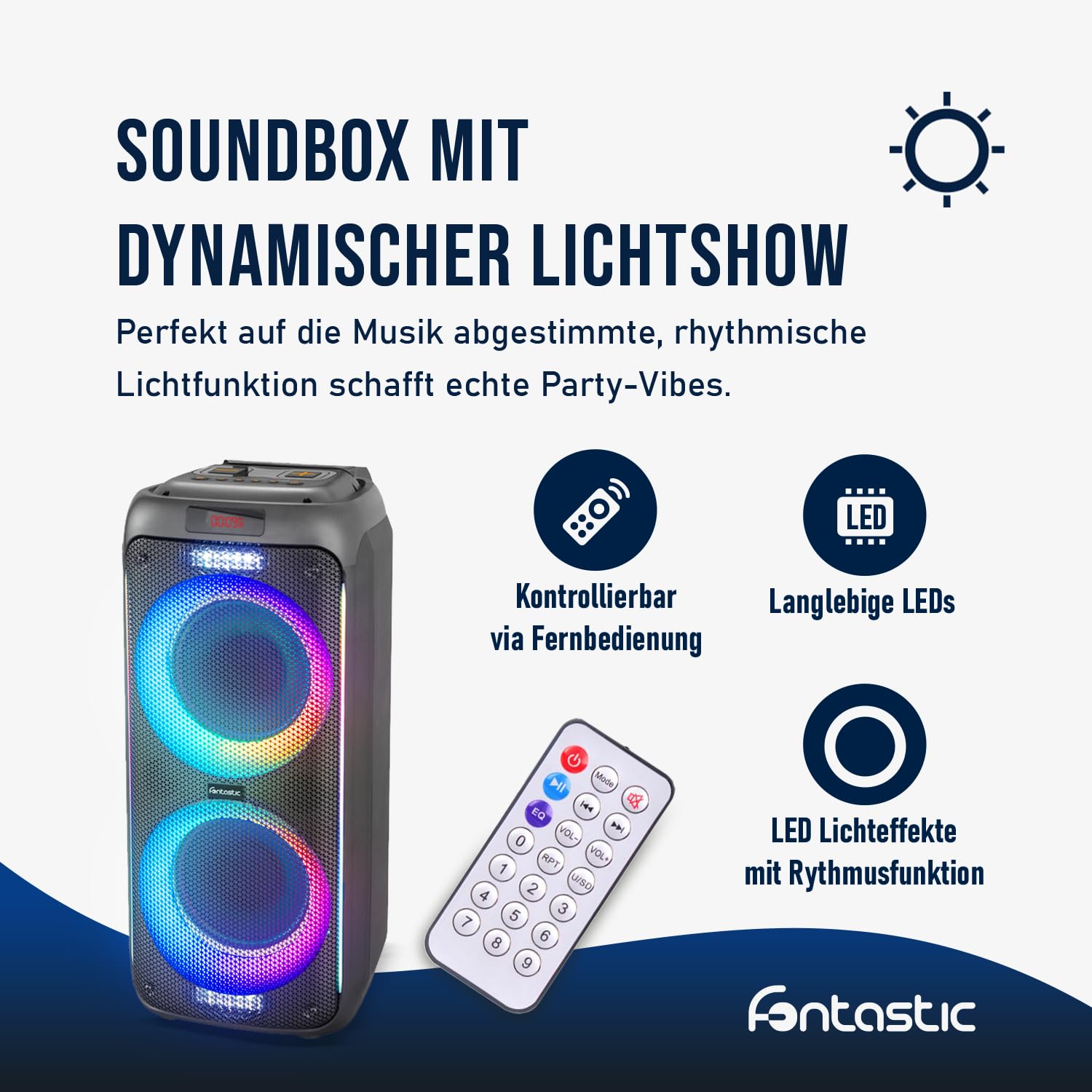 Fontastic Party-Lautsprecher Zeal - Bluetooth Lautsprecher mit USB-Wiedergabe, AUX und MicroSD - Karaoke Box mit Mikrofon und LED Leuchteffekten - tragbares Soundsystem - Schwarz (Zeal 600) 5