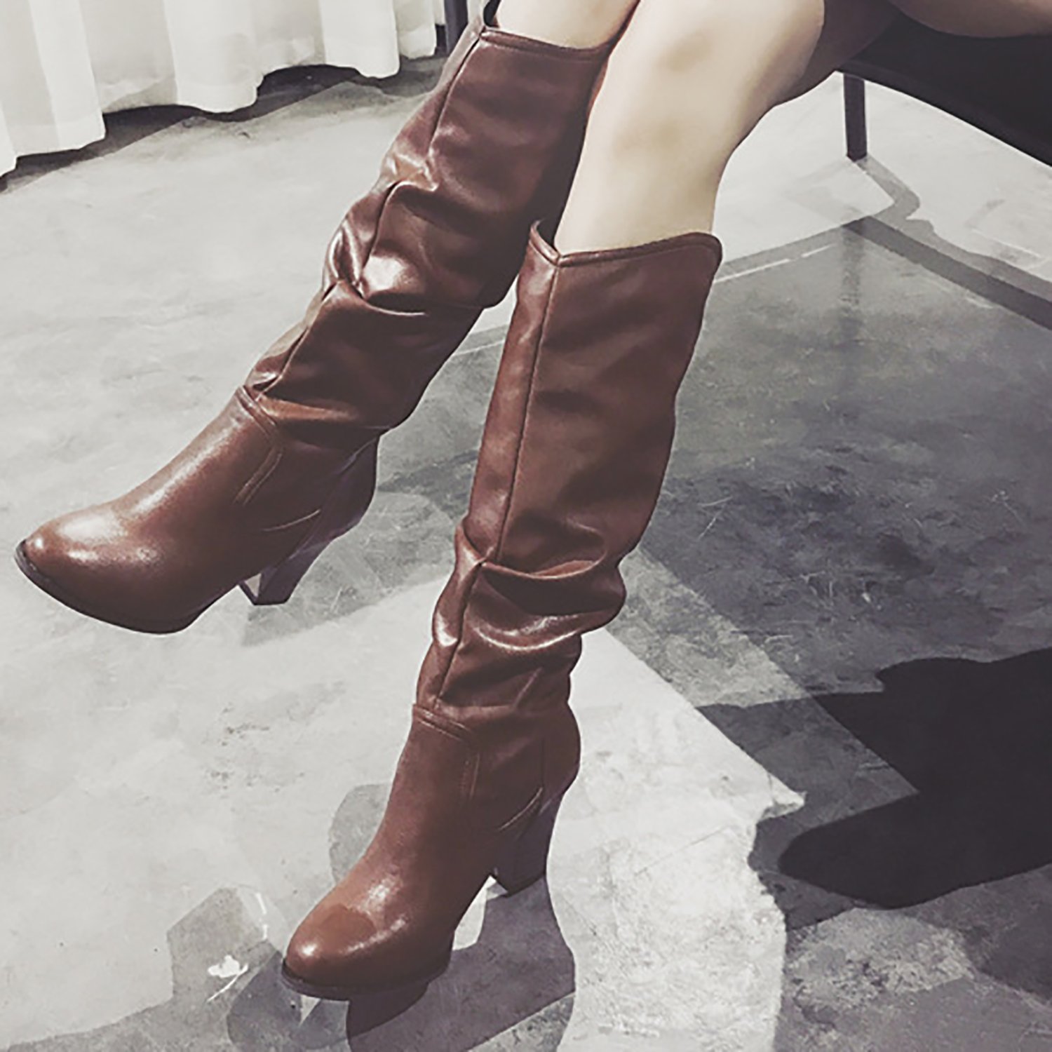 Odema Women's PU Leather Block Chunky High Heels Mid-Calf Slouch Riding Boots Brown - Image 7