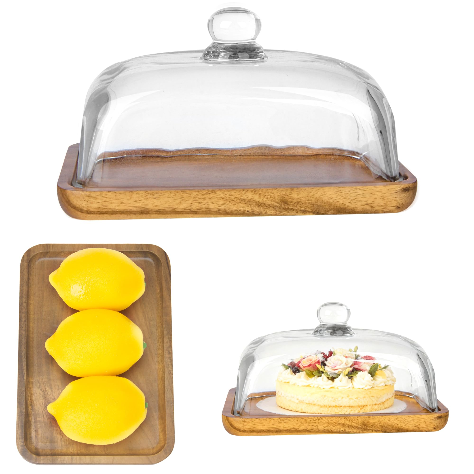 Photo 1 of 1 Pack Rectangular Wooden Cake Stand with Glass Dome,Small Cake Plate Holder with Clear Glass Bell,Cake Display Server Tray for Kitchen,Birthday Parties,Weddings,Baking Gifts (4.6 x 7in)
