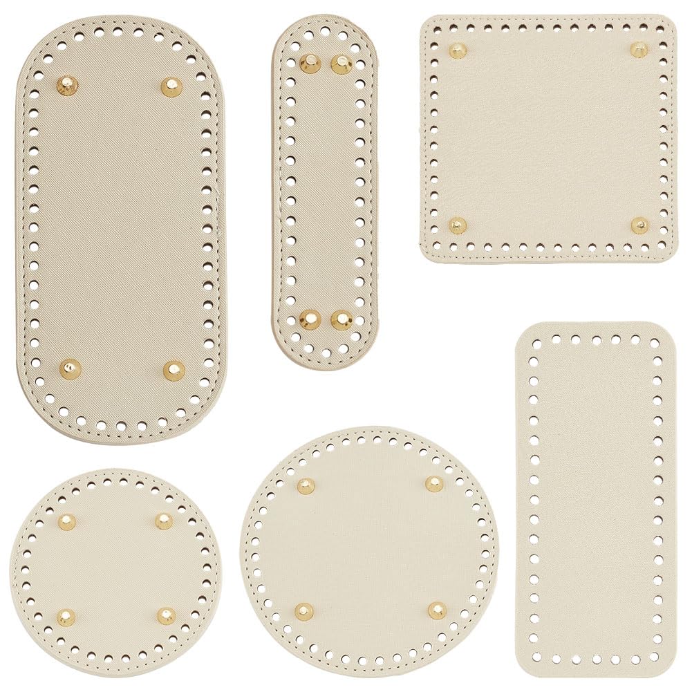 PH PandaHall 6Pcs 6 Style Light Gold Leather Bag Bottom Base Knitting Bag Cushion Base Round Square Oval Crochet Bag Bottom DIY Bag Bottom Cushion for Tote Handbag Shoulder Bags Purse Making