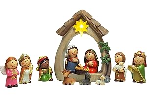 MeritMode Mini Nativity Scene Set - Nativity Sets for Christmas Indoor Decor with 12pcs, Resin Miniature Nativity Set, Manger with LED Lights, Tabletop Desk Home Decor