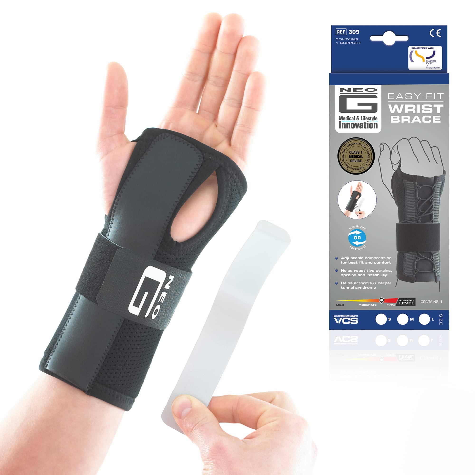 Neo-G Wrist Support Easy-Fit – Carpal Tunnel Wrist Splint – Hand Splints for Carpal Tunnel Syndrome, Strains, Sprains, Instability, Tendonitis, Tenosynovitis, Arthritic, Injured or Weak Wrists - L
