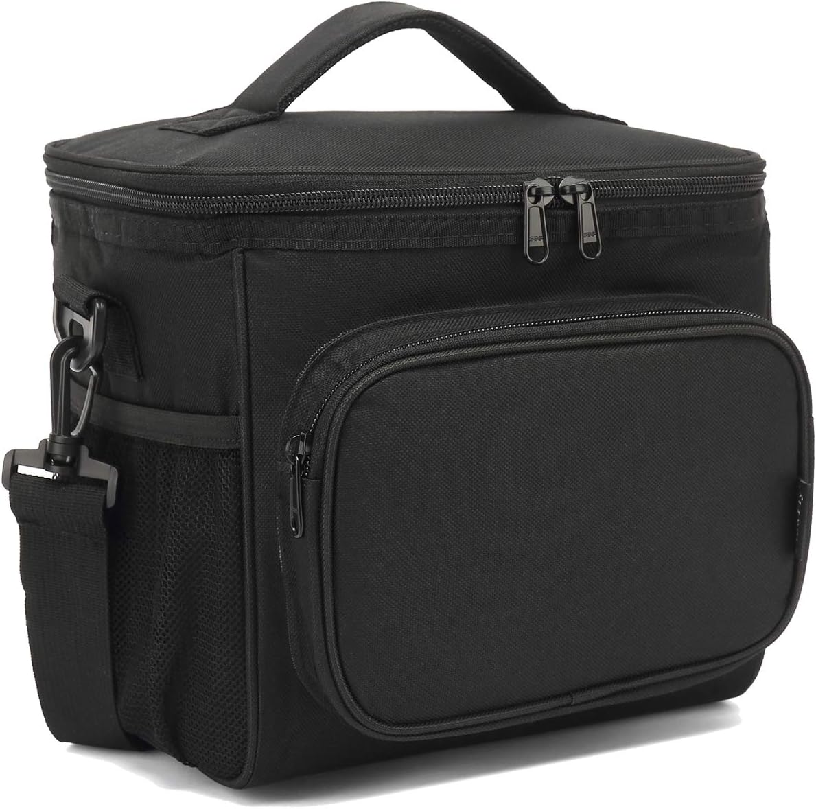 Insulated Reusable Lunch Bag Adult Large Lunch Box for Women and Men with Adjustable Shoulder Strap,Front Zipper Pocket and Dual Large Mesh Side Pockets by FlowFly,Black