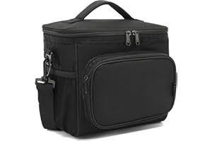 FlowFly Insulated Reusable Lunch Bag Adult Large Lunch Box for Women and Men with Adjustable Shoulder Strap,Front Zipper Pocket and Dual Large Mesh Side Pockets, Black