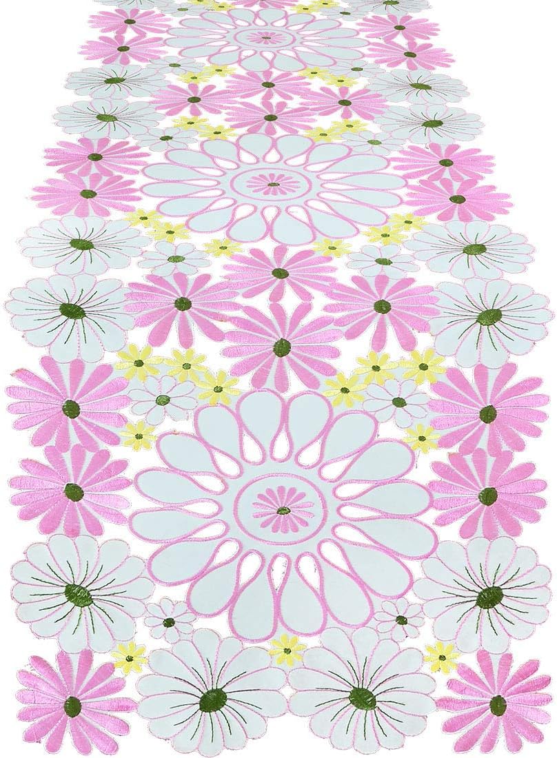 Simhomsen Embroidered Pink Floral Table Runners, Spring Table Decorations, Dresser Scarves (14 × 69 Inch)