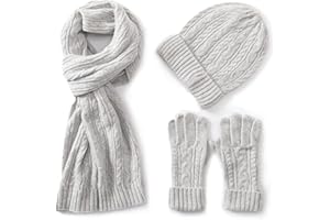 Villand 3 in 1 Womens Wool Hat Gloves & Scarf Winter Set, 3 Piece Cable Knitted Beanie Hat for Women with Gift Box