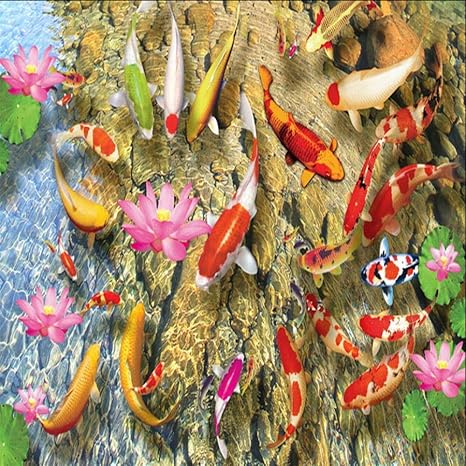 Amazon Qudmst 床ステッカー中国風の蓮の鯉の池3d床タイル写真壁画壁紙リビングルームのバスルームpvc防水摩耗ノンスリップ壁紙 A3 350x245cm 壁紙