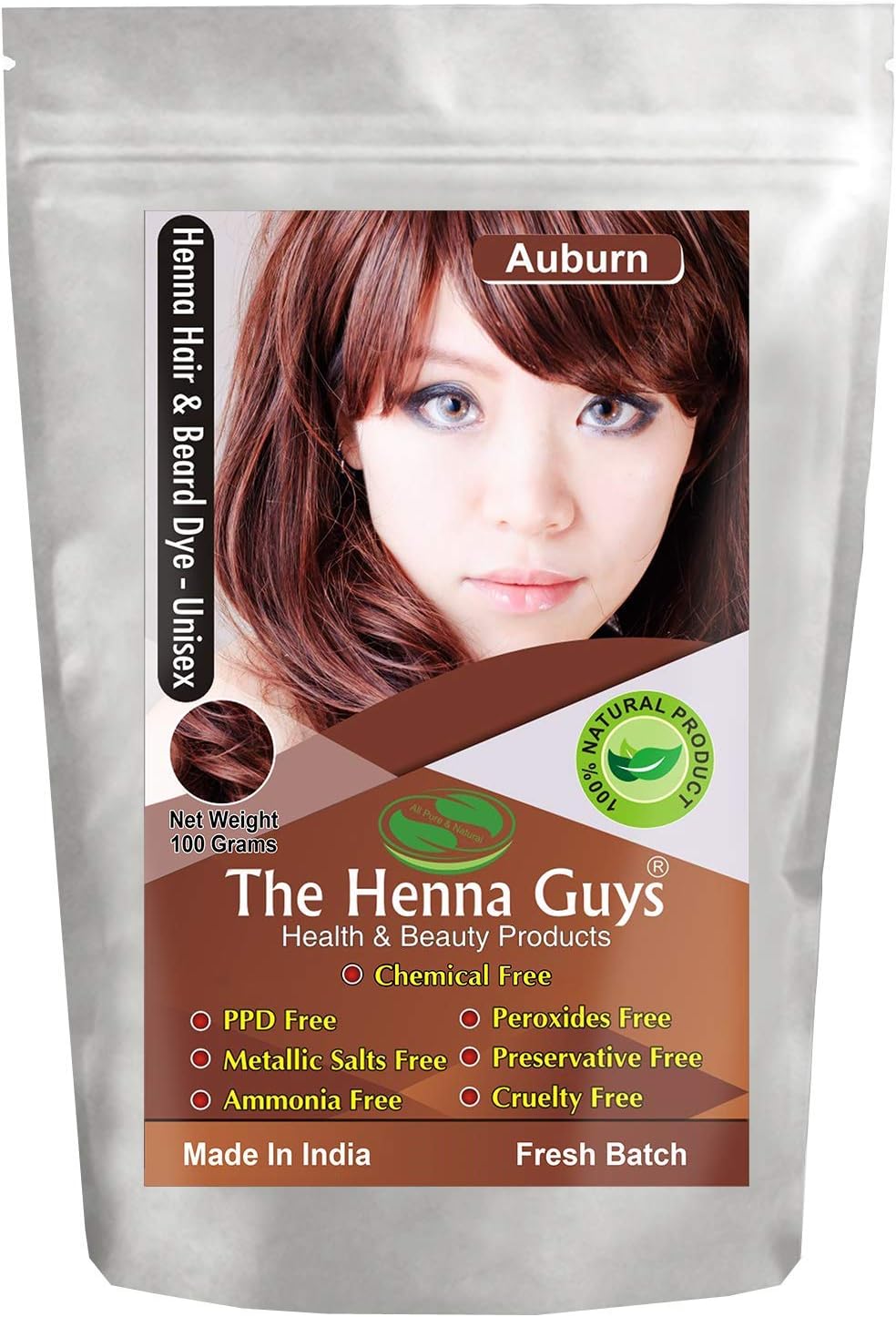 1 Pack Auburn Henna Hair & Beard Color/Dye 100 Grams - Chemicals Free Hair Color - The Henna Guys