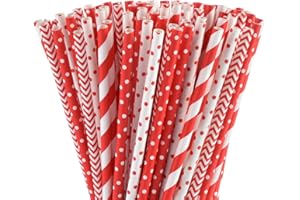 ALINK Biodegradable Red Paper Straws Bulk - 100 Dots/Stripes/Waves Straws for Beverage, Christmas, Holiday, Birthday, Wedding, Baby/Bridal Shower, Party and Decoration