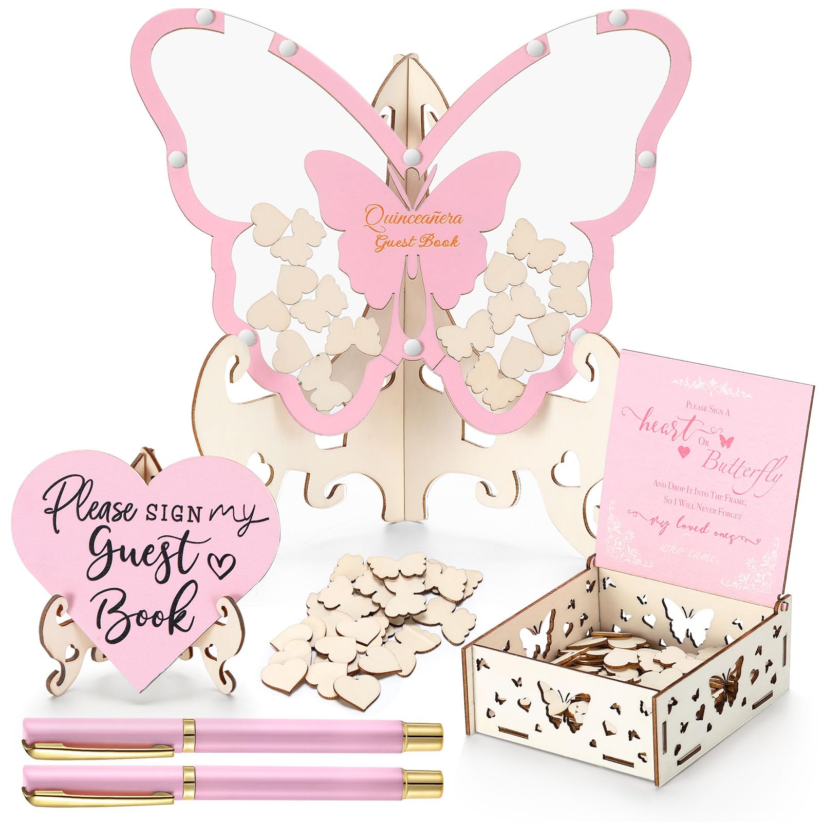 Photo 1 of Weysat Pink Butterfly Quinceanera Wooden Guest Book Alternative Drop Box Alternative for Girls, Mis 15 Quince Sweet 15th Birthday Decor, Quinceanera Birthday Party Sign Book for Guests