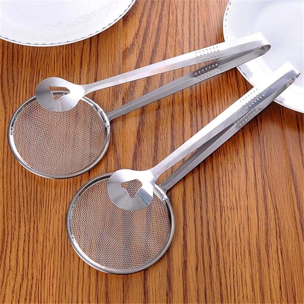 Codemack 2 in 1 Stainless Steel Mesh Strainer Tongs Filter Spoon, Oil Fry BBQ Filter Mesh Spoon with Clip Oil Skimmer Spoon Food Tong