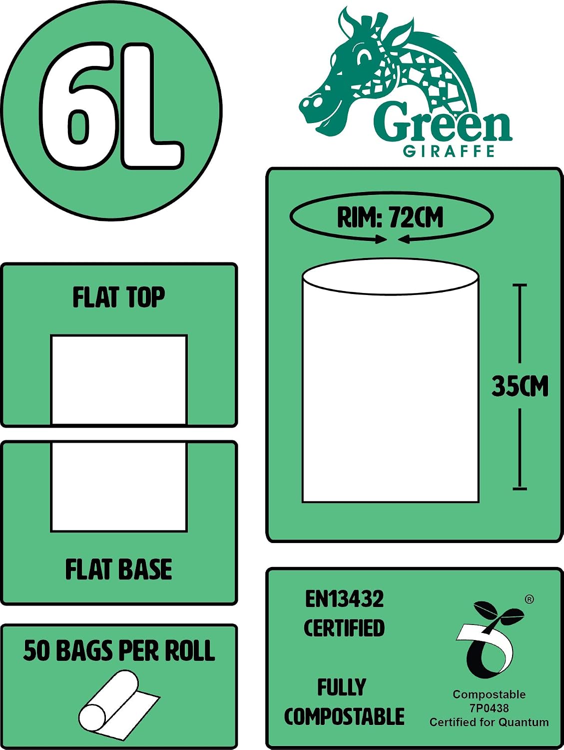 6 Litre x 150 liners Compostable 6L Kitchen Caddy Liners - Food Waste Bin Liners - EN 13432 - Compost, Green, 50 stück (3er Pack) - Image 3