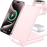 Wireless Charging Station,3 in 1 Charging Stand Made for Apple Watch Ultra 10 9 8 7 6 SE 5 4 3,Fast Wireless Charger Made for iPhone 16/15/14/13/12/11/X,for AirPods Pro(with Adapter) (Pink)