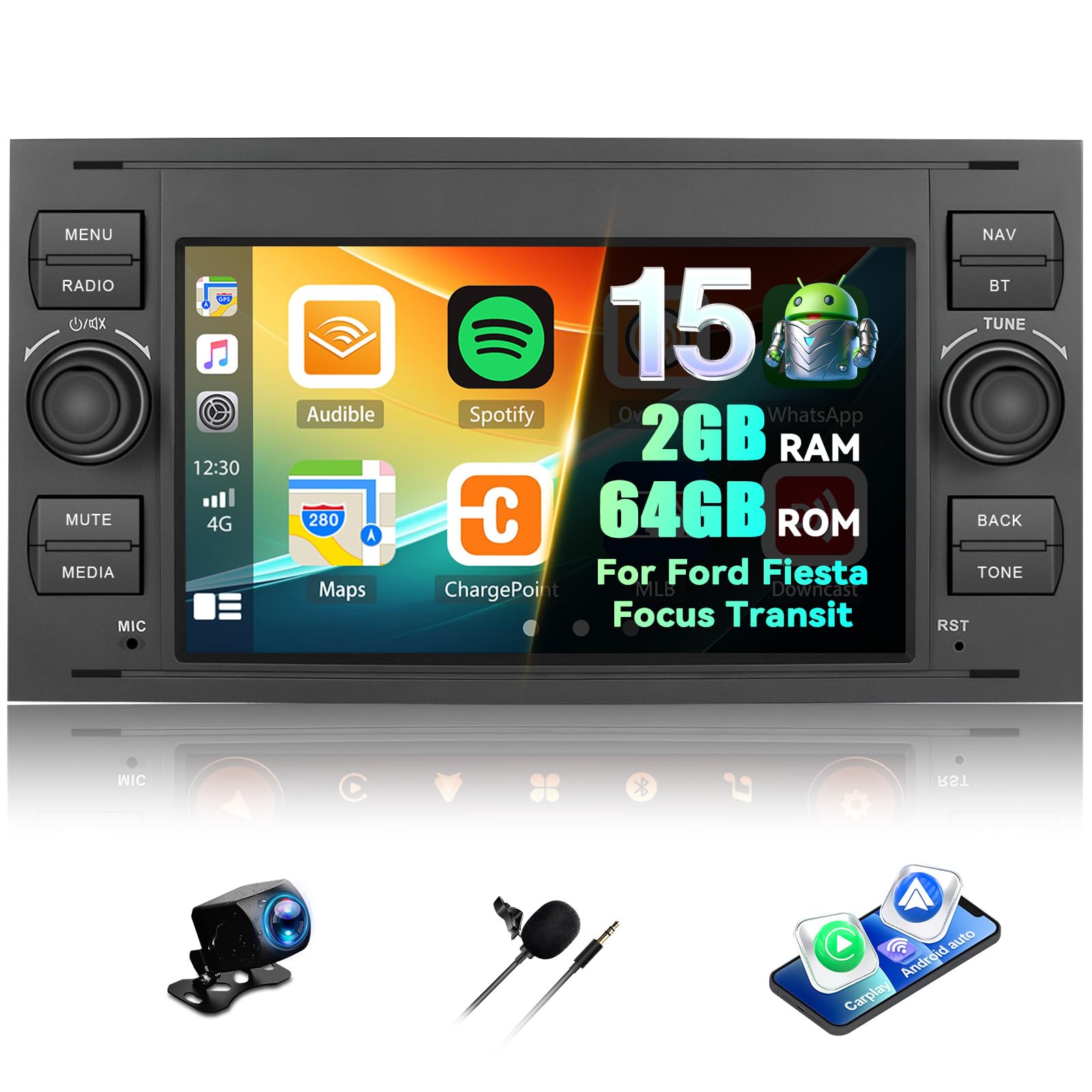CAMECHO 2G+64G Android Car Radio for Ford Fiesta Focus Transit Connect Mondeo S-Max Wireless CarPlay Android Auto7 Inch Touchscreen Sat Navi GPS Bluetooth Mirror Link FM RDS WiFi SWC+Backup Camera