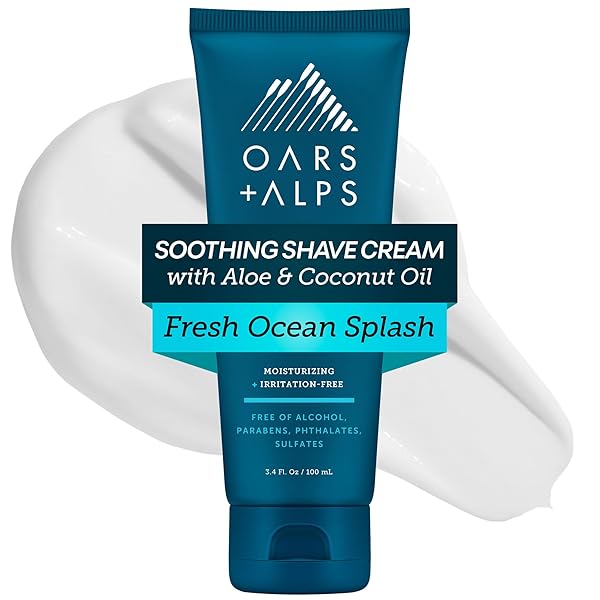 OARS + ALPS SOOTHING MEN’S SHAVING CREAM, DERMATOLOGIST TESTED AND INFUSED WITH ALOE AND COCONUT OIL, FRESH OCEAN SPLASH SCENT, TSA FRIENDLY, 3.4 OZ, 1 PACK