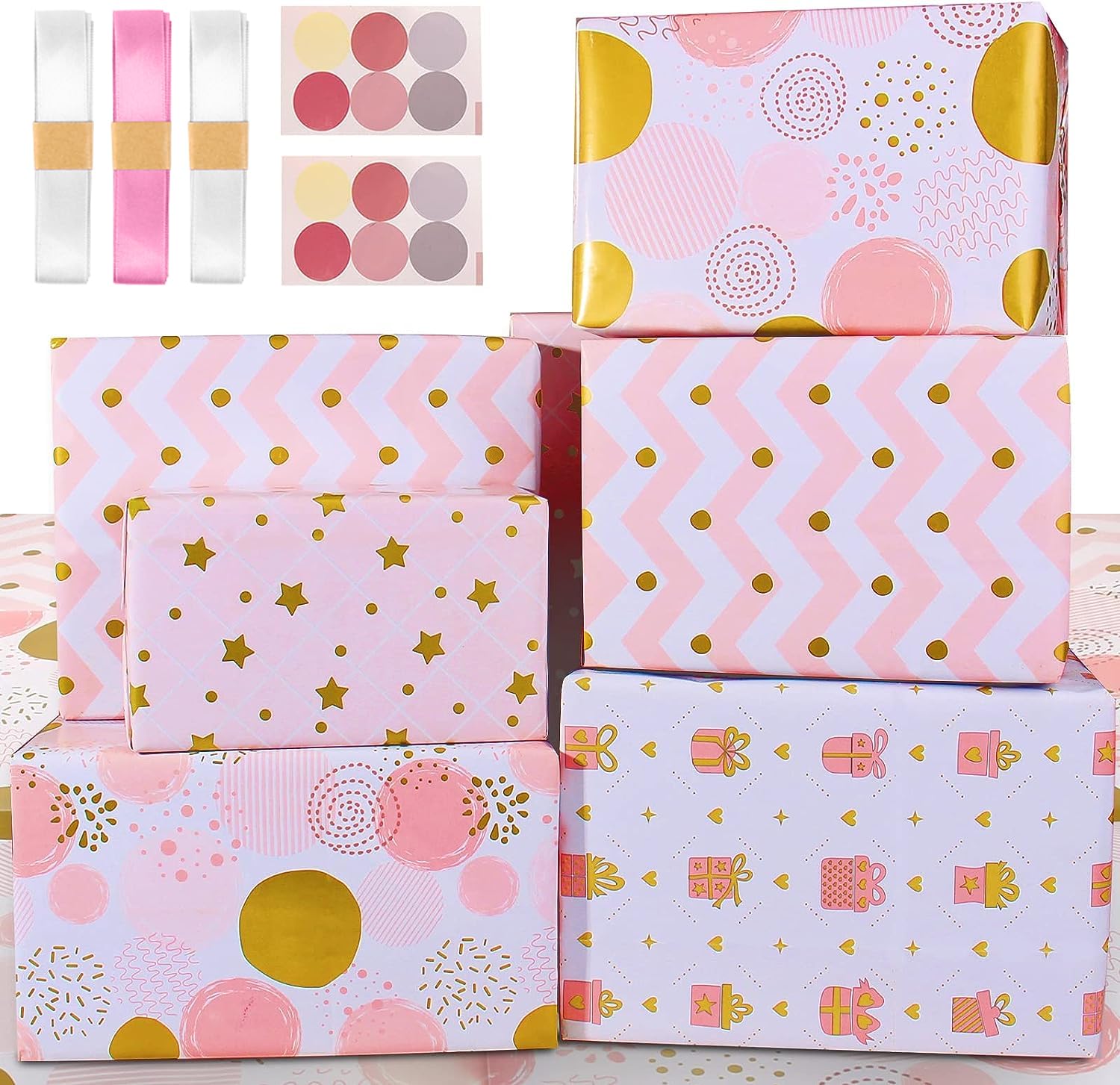 Bonkee Wrapping Paper Sheets,Birthday Wrapping Paper for Girls Women Female,Eco Gift Wrap Paper with Pink and Gold Foil Dot Star Heart for Present,Gift Wrapping Paper Birthday Wrap Paper Set &Ribbon