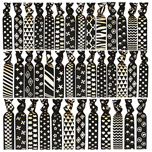 Mudder 40 Pieces Black Hair Ties No Crease Ponytail Holders Knotted Hair Bands with Gold Foil Printed Fashion Design for Women and Girls