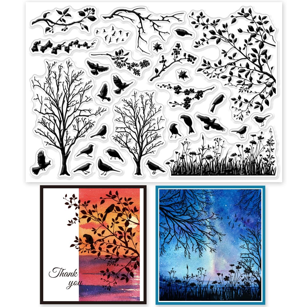 GLOBLELAND Bird Branch Silhouette Clear Stamps for DIY Scrapbooking Photo Album Decorative Cards Making Home Decoration - 8.3×5.8inch