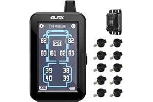 GUTA Tire Pressure Monitoring System, Trailer TPMS with Color Touchscreen Display & 10 Flow Thru Sensor, 6 Alert Modes, Signal Booster, Tire Pressure Monitor for RV, Camper, Semi, 5th Wheel (0-188PSI)