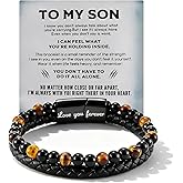 CLOORDE To My Son Bracelet from Dad Mom Natural Tiger Eye Protection Bracelet Black Leather Bangle Engarved with Love You Forever Brace-let Birthday Graduation Christmas Gifts for Son