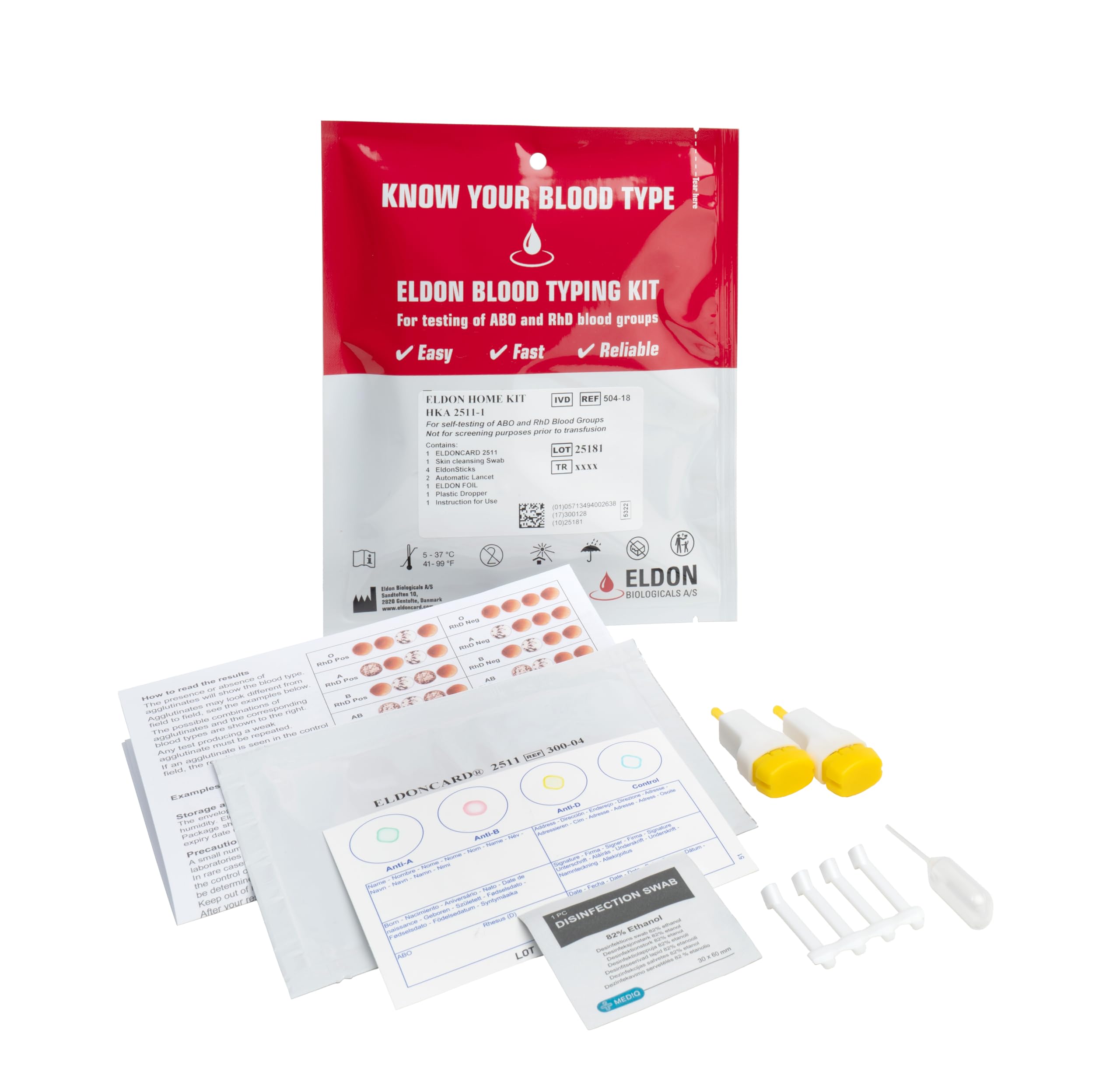 EldonCard Blood Type Test (Complete KIT) - Find Out if You are A, B, O, AB & RH- Results in Minutes - Air Sealed Envelope, Safety Lancet, Micropipette, Cleansing Swab - 1 Pack
