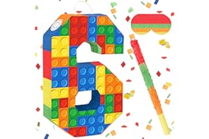Lemicin Number 6 Pinata Building Blocks 6th Birthday Party Decorations with Stick Blindfold for Kids Girls Boys Fiesta Carniv