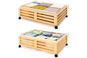 Under Bed Storage with Wheels-Large Bamboo Underbed storage Containers with Large Dust Bag Stackable Under the Bed Shoe Stora