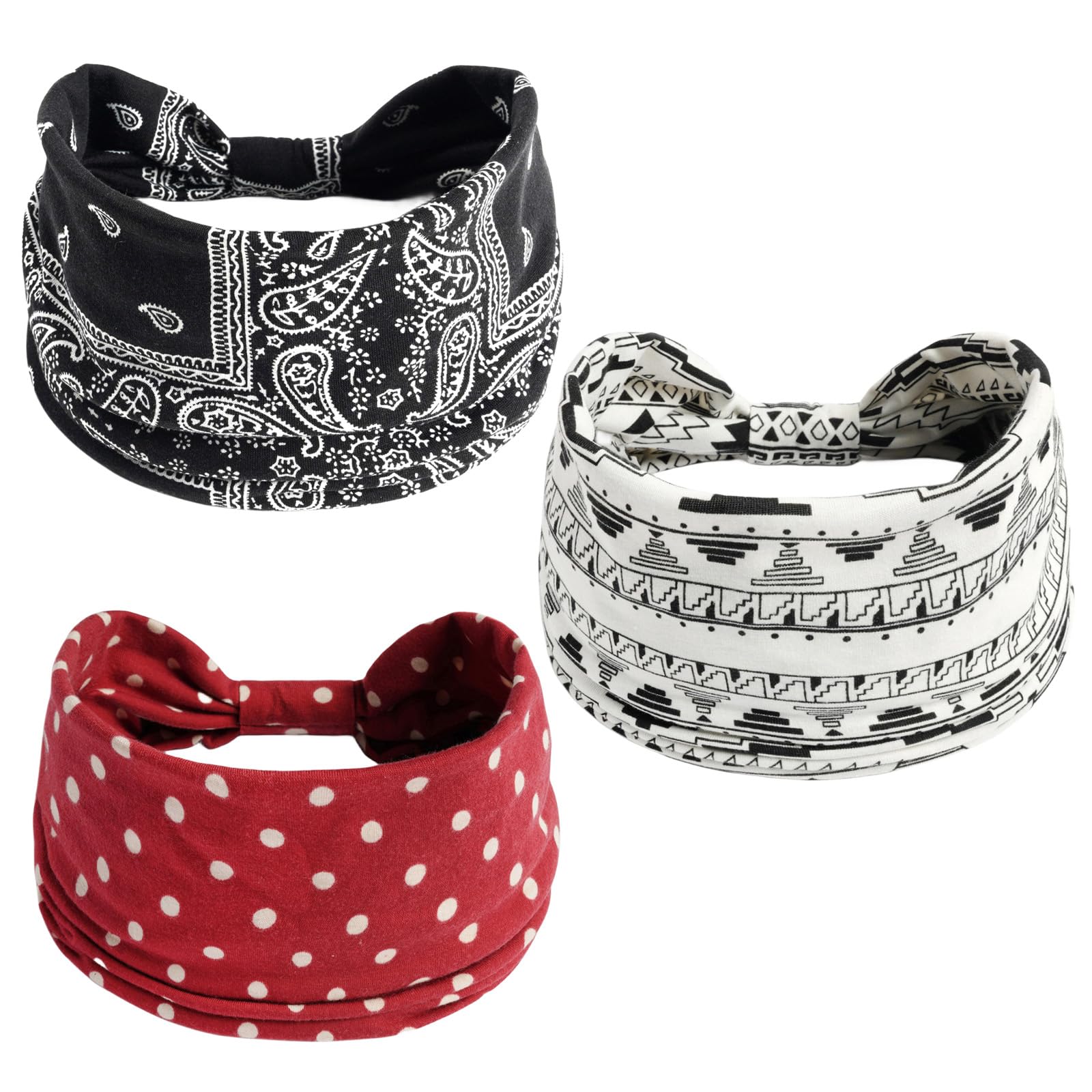 scicent 3 Pack Headbands for Women Wide Soft Ladies Headband Boho Print Bandanas Fashion Knotted Head Bands for Adult Women Hair Accessories Yoga Running Headband P3938