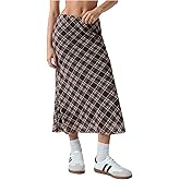 SHENHE Women's Y2k Mesh Plaid Skirt Low Rise A Line Flared Vintage Fall Midi Skirt