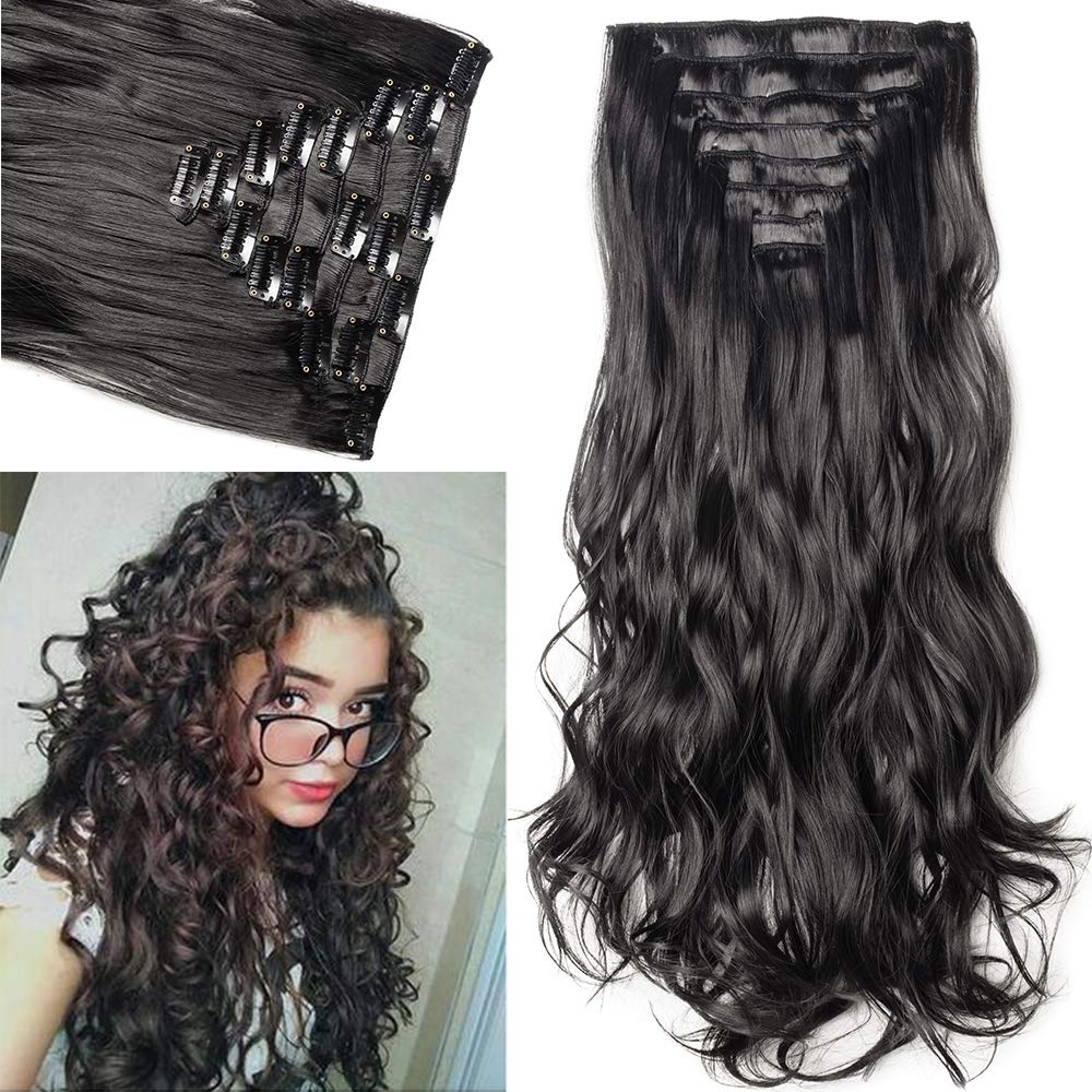 Hairpiece Extensions 8 Pieces Clip in Hair Extension 24inch Long Curly Wavy Synthetic Hairpiece [Jet Black]