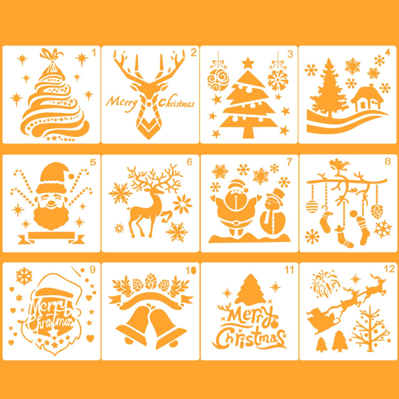 SUPVOX Christmas Stencils Template - Pack of 12 Merry Christmas,Santa Claus, Tree,Snowflakes,Bulbs,Reindeers for Decoration 5X5 inch DIY Craft Template Cookie Stencils