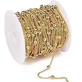 33 Feet Gold Satellite Chains Roll, 2mm 18K Gold PVD Plated 304 Stainless Steel Ball Beaded Twisted Curb Chains Spool Bulk for Jewelry Making DIY Craft