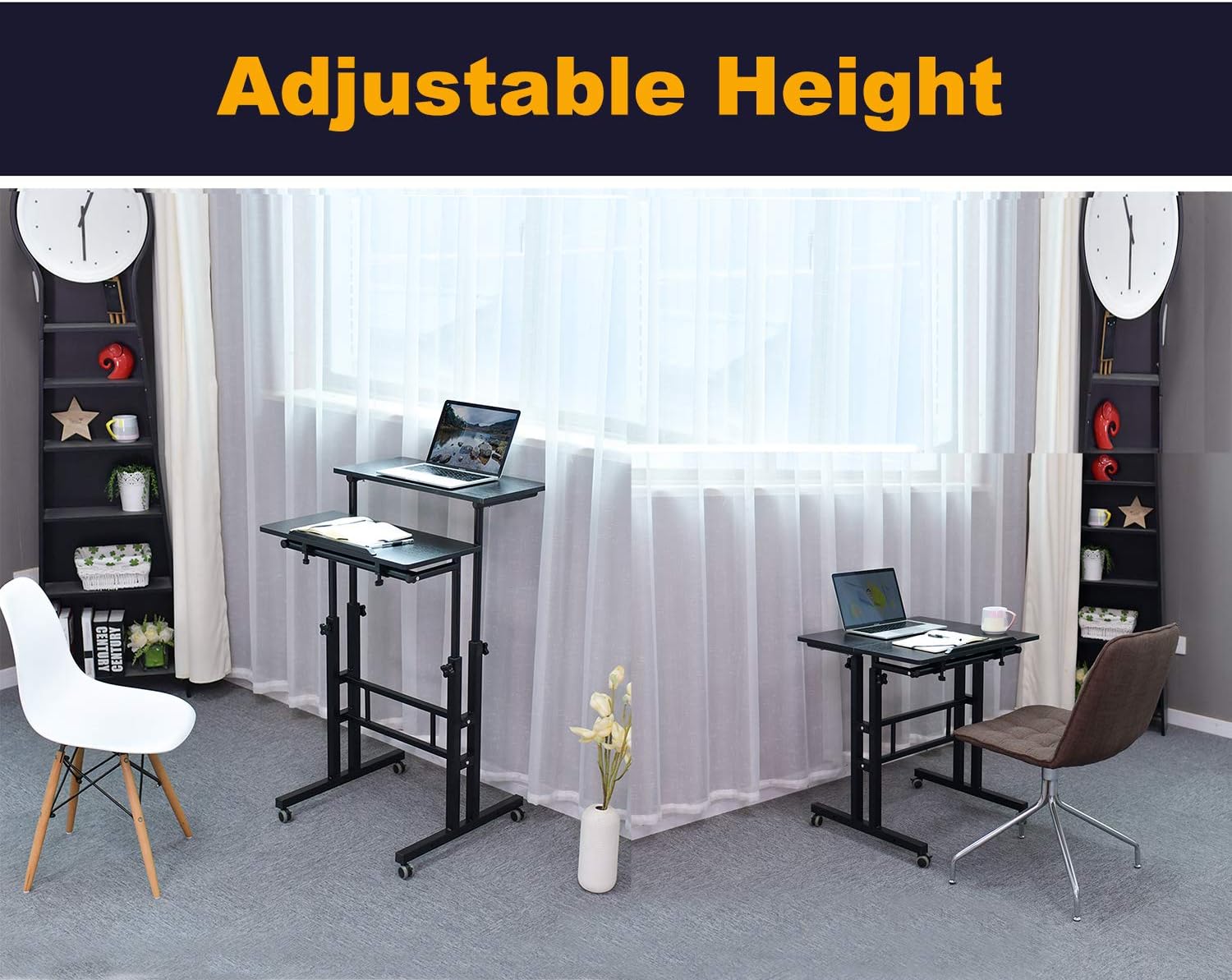 AIZ Mobile Standing Desk, Adjustable Computer Desk Rolling Laptop Cart on Wheels Home Office Computer Workstation, Portable Laptop Stand for Small Spaces Tall Table for Standing or Sitting, Black: Kitchen & Dining