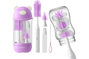 TOHECU Electric Bottle Brush Cleaner Set, Bear-Shaped Travel Baby Bottle Cleaner Kit with Silicone Nipple & Straw Brush, Soap Dispenser, Drainage Rack, Storage Box(Purple)