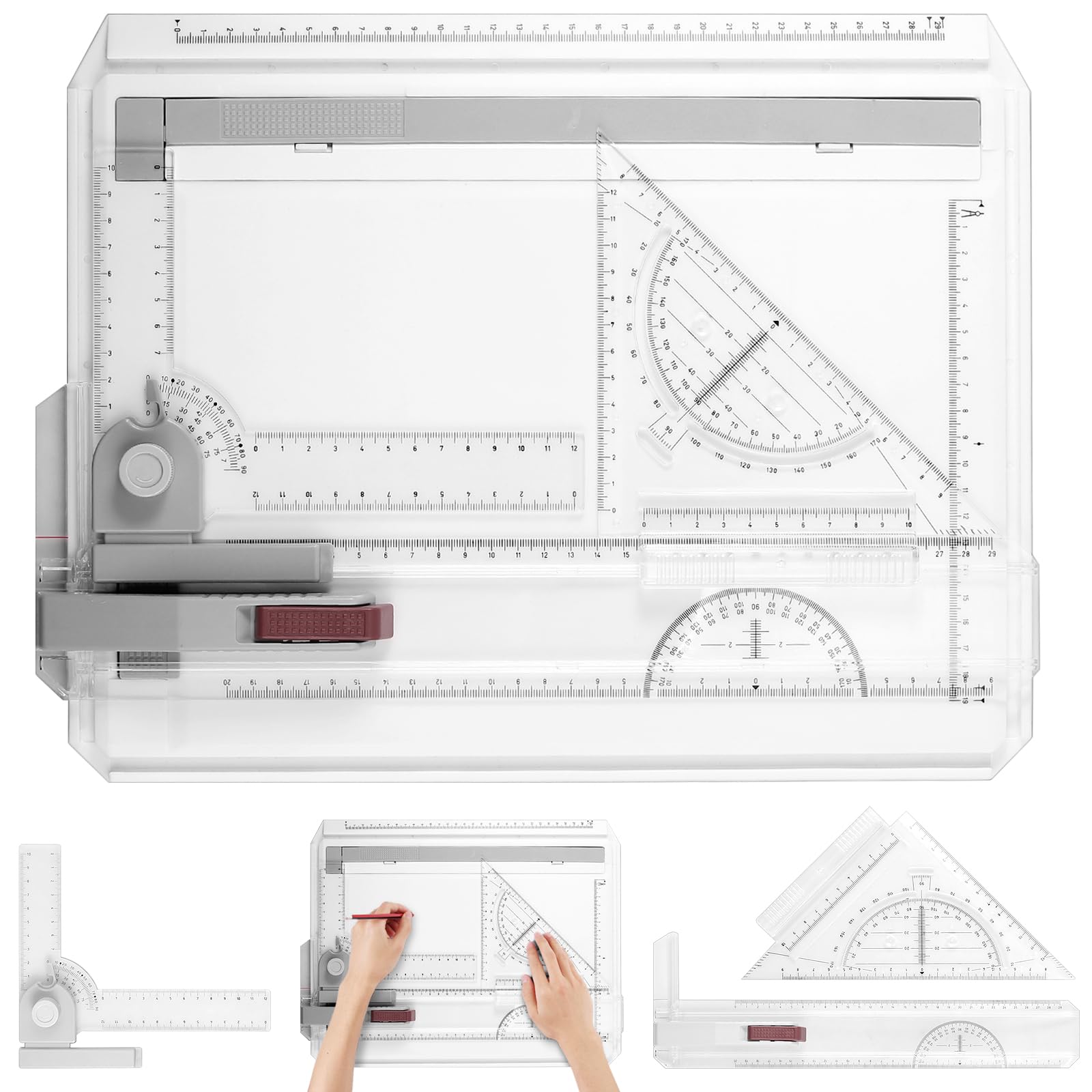 eSynic A4 Drawing Board Set A4 Multifunction Drafting Table Adjustable Measuring System Angle Parallel Motion Drawing Board with Protractor, Paper Locator, Sliding Ruler, Anti Slip Support Leg
