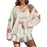 ebossy Women's Ribbed Knit Cardigans Embroidery Aesthetic Pretty Flowers Applique Button Up Sweater Coat