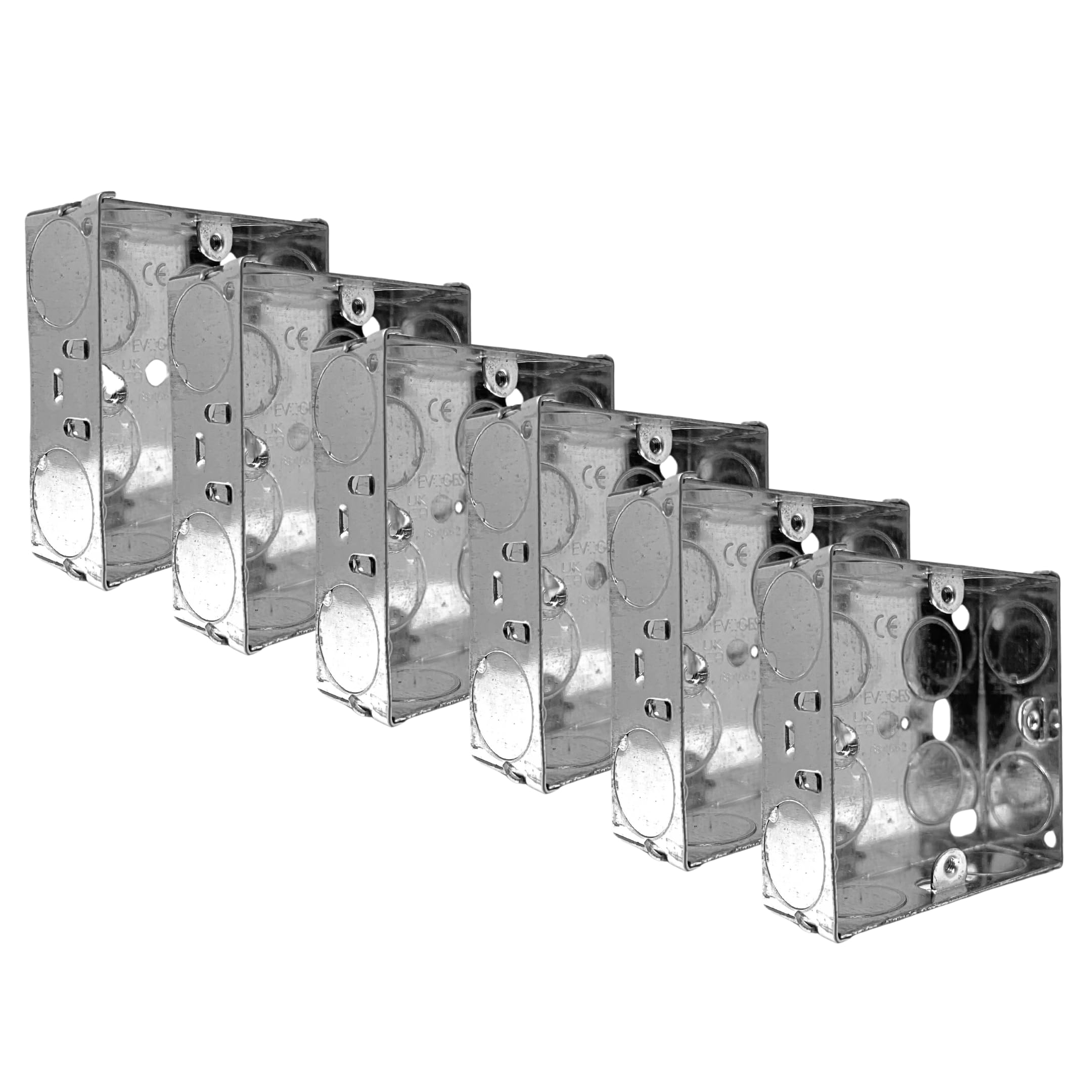 Evoges Single Metal Back Box, 25mm, 1 Gang, 1.0mm Thickness for Electrical Sockets Switches, BS4662 Standard, 20mm Knockouts, Adjustable Lug, Brass Terminal (6)