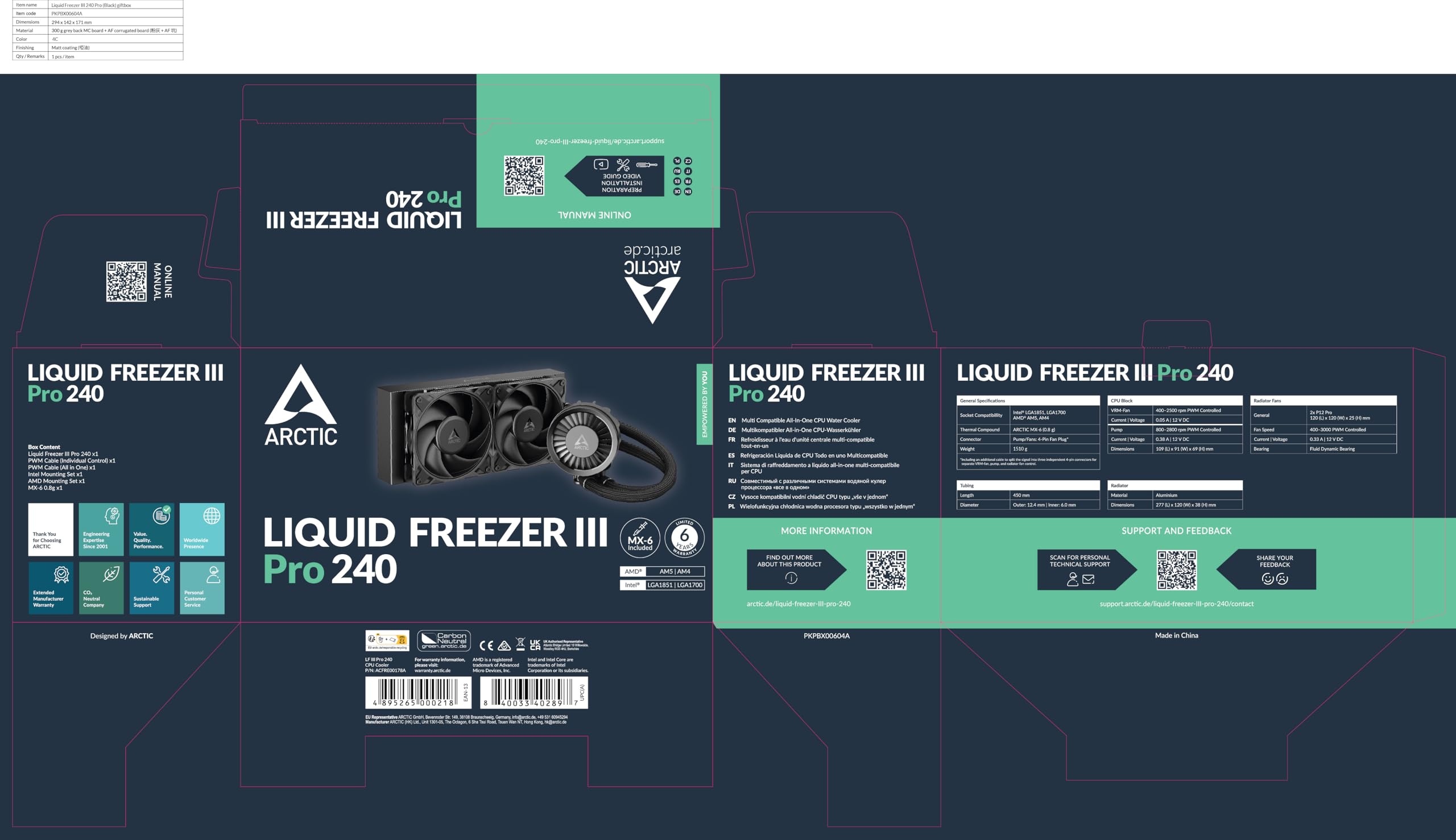ARCTIC Liquid Freezer III Pro 240-240 mm AIO CPU Cooler, Water Cooling, 38 mm Radiator, PWM Pump, VRM Fan, AMD AM5/AM4, Intel LGA1851/1700 Contact Frame - Black