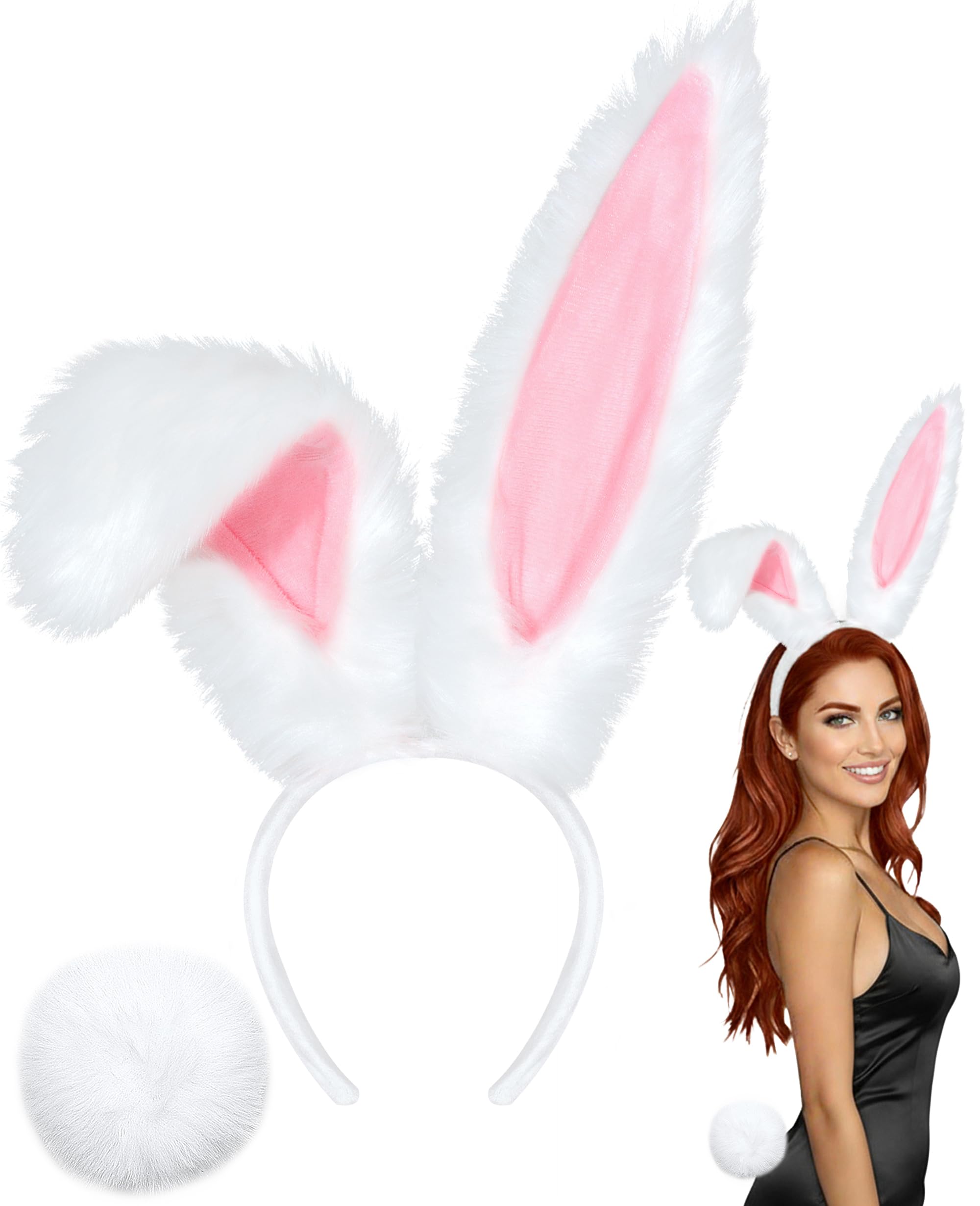 Photo 1 of **NO HEADBAND**U-Goforst Bunny Ears Headbands and Tail, Bunny Costume Long Furry Rabbit Ear Headband, Halloween Party Cosplay White Bunny Ears Costume Hair Accessories for Adult Women