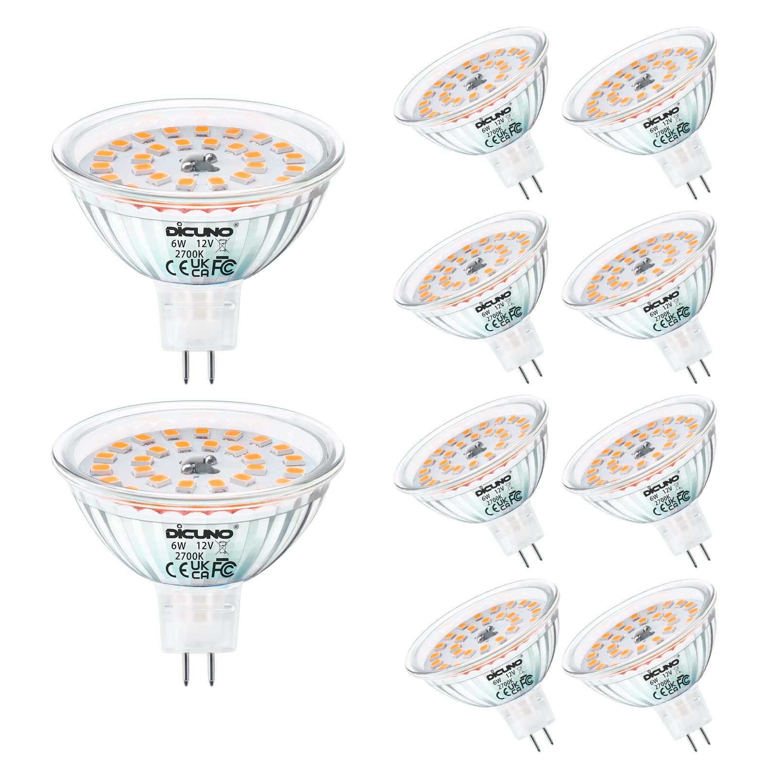 DiCUNO MR16 LED Light Bulbs 6W, GU5.3 Spotlight Bulb 12V, Equivalent to 70W Halogen, Warm White 2700K, 530LM, 120° Beam Angle, GU5.3 Bi-Pin Base Track Light, 10 Packs