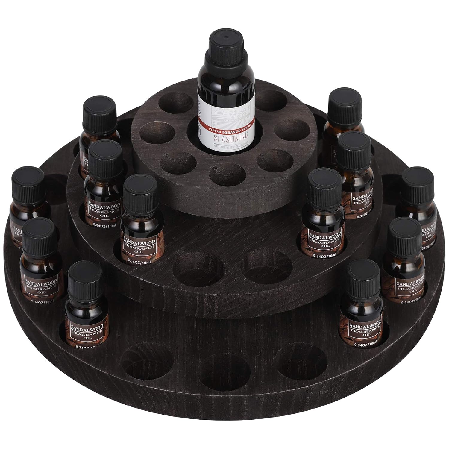 MOOACE 3 Tier Rotating Essential Oil Storage Box Hold 5/10/15/20/30ml Bottles, Wood Essential Oil Organizer Display, Dark Brown: Beauty